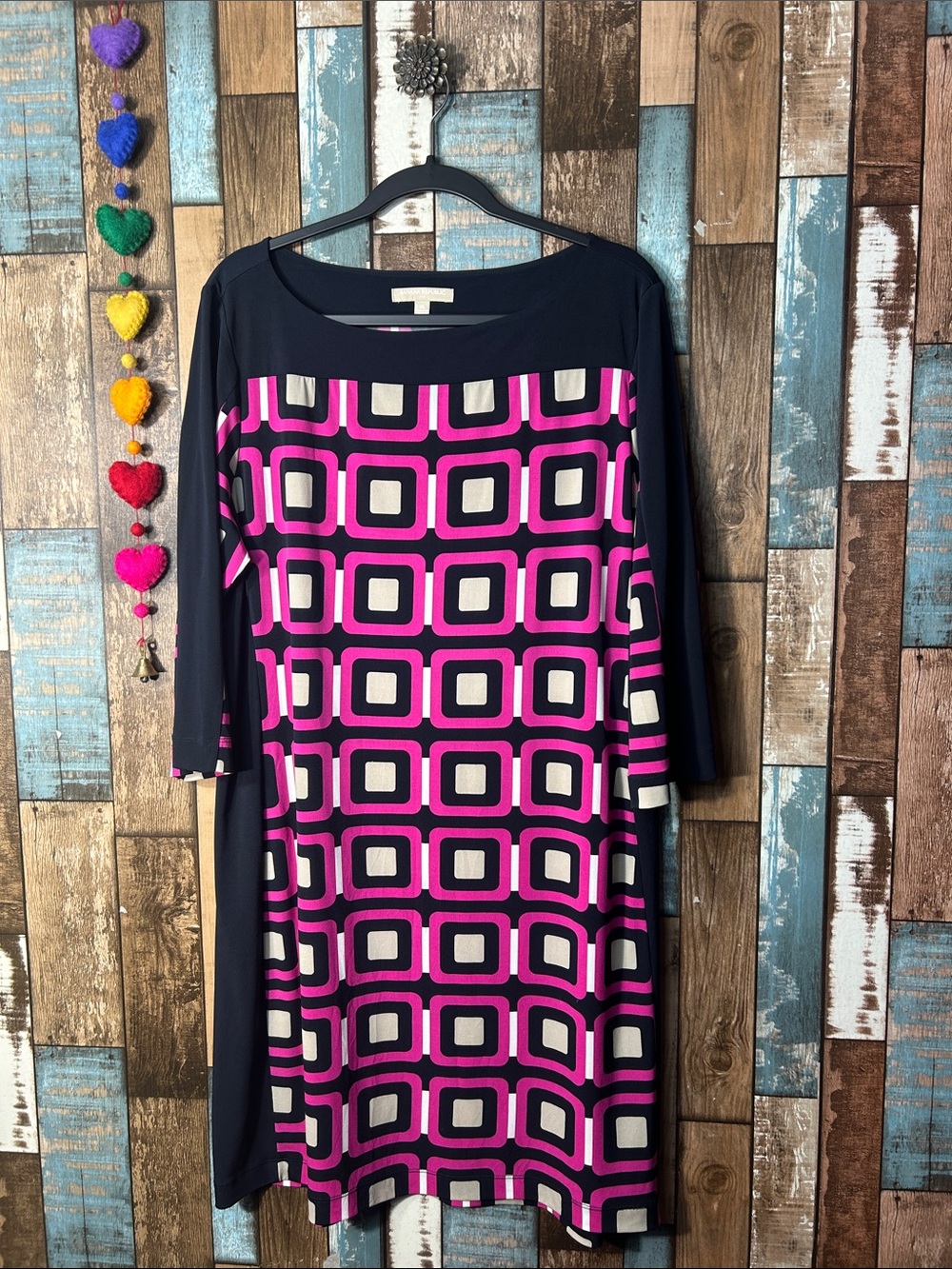 Banana Republic Pink and Navy Geometric Long-Sleeve Shift Dress